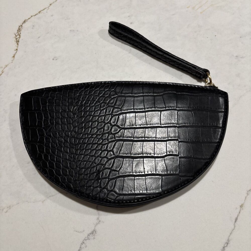 A New Day Zip Closure Half Circle Faux Leather  Clutch Handbag Purse Black